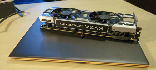 video card on top of the laptop.  The GPU is gigantic compared to an ultralight laptop!